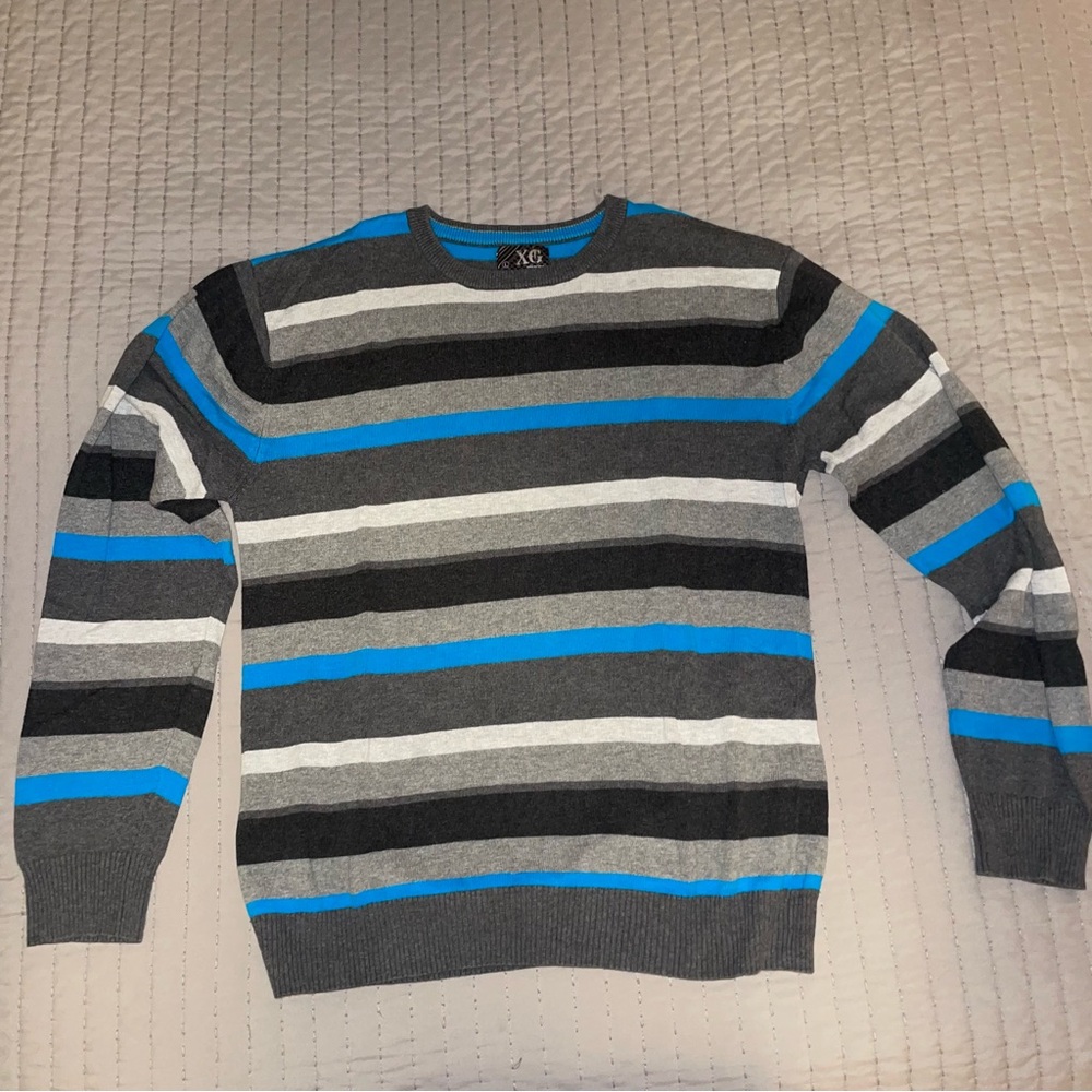 XG Men's Striped Crewneck Sweater - Gray and Blue